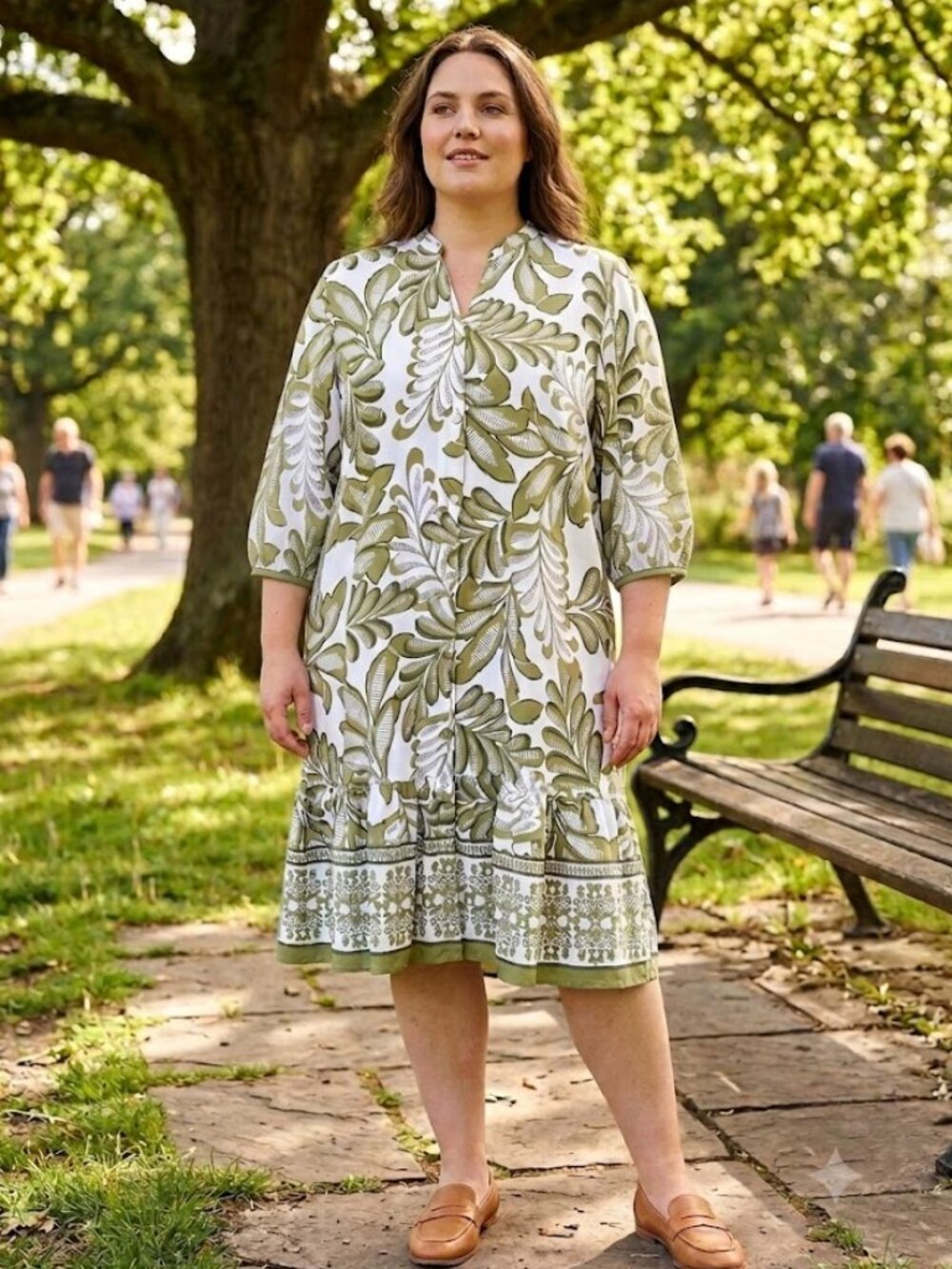 Mlle Gabrielle Green Leaf Print Button Front Midi Dress Ruffle Hem L